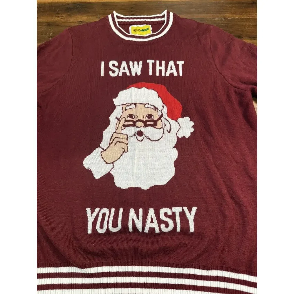 Tipsy Elves I SAW THAT YOU NASTY Ugly Christmas Sweater Santa Mens Sz XL, Maroon